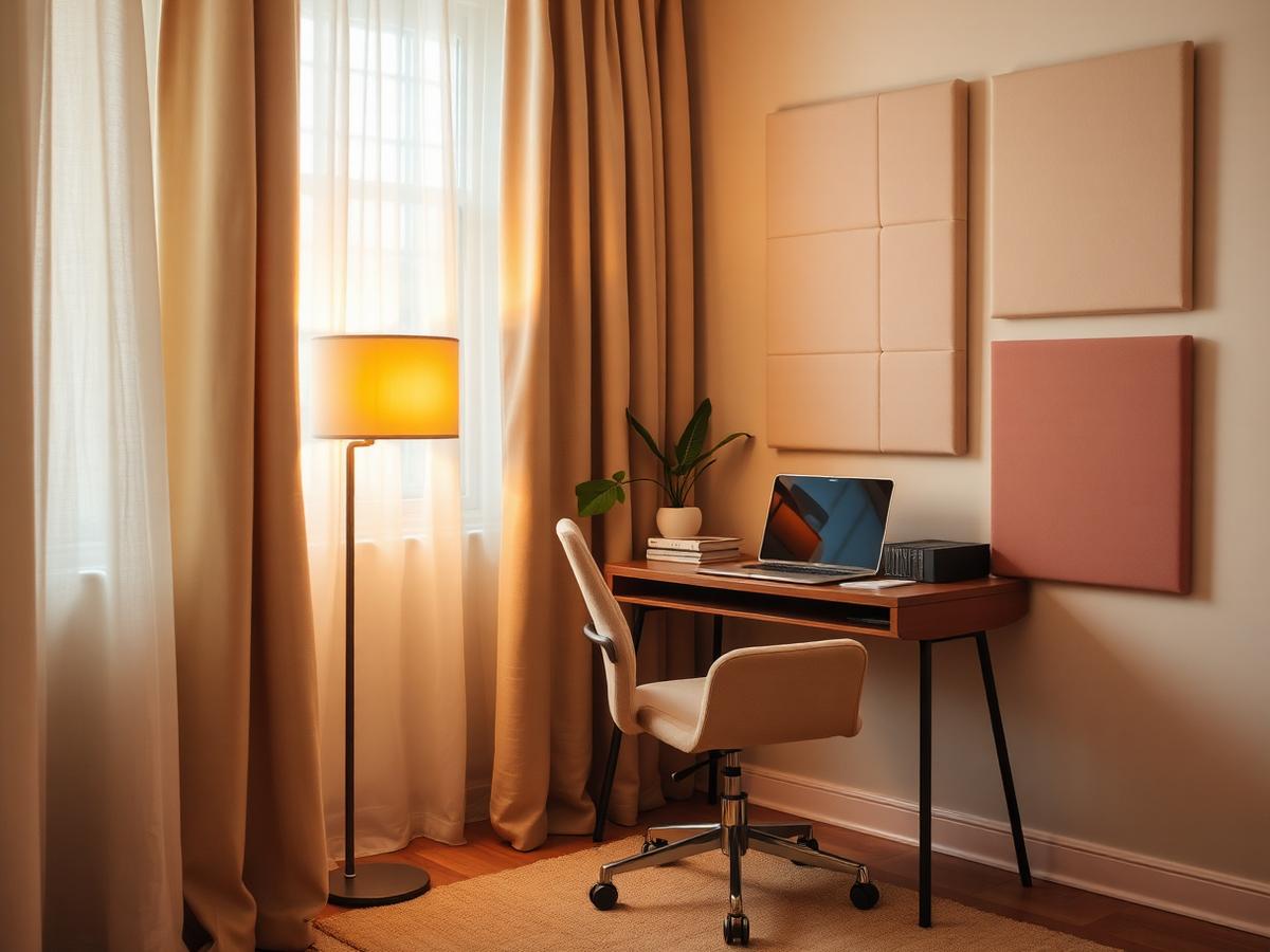 Cozy home office with felt acoustic panels in sage and blush and a warm floor lamp