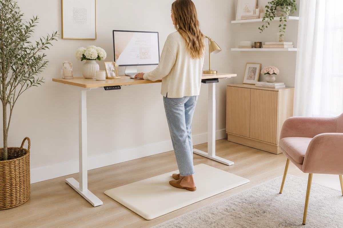Cream anti-fatigue mat under a light oak standing desk in a bright home office