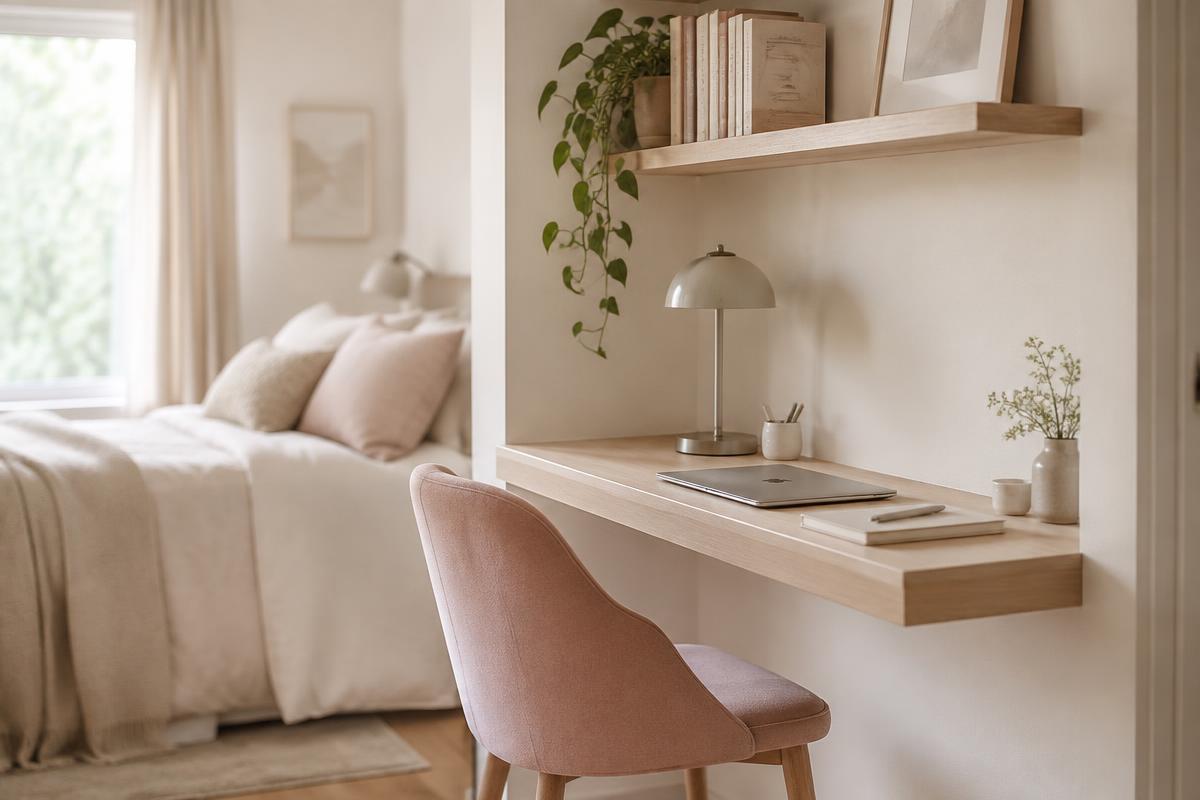 Slim oak floating desk with a blush chair beside a bed in a serene bedroom