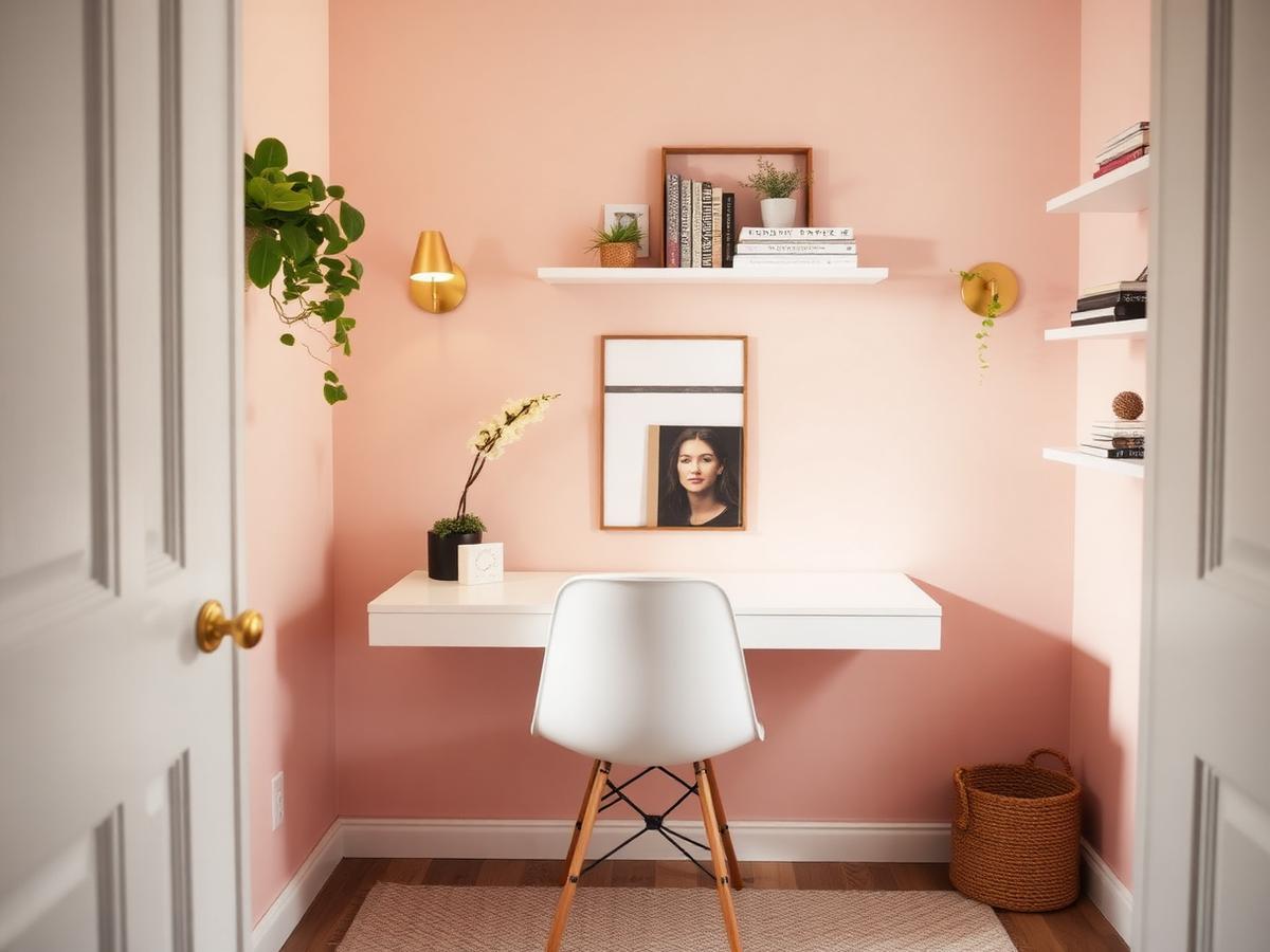 Blush pink closet office with floating white desk and gold sconce