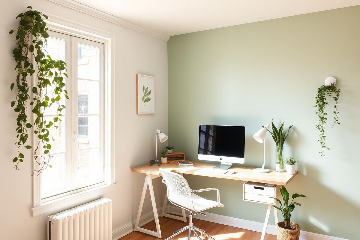 L-shaped corner desk in a bright room with plants and a monitor arm