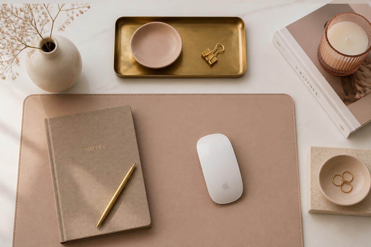 Flat lay of a leather desk pad, brass tray, notebook and mouse in blush and taupe tones