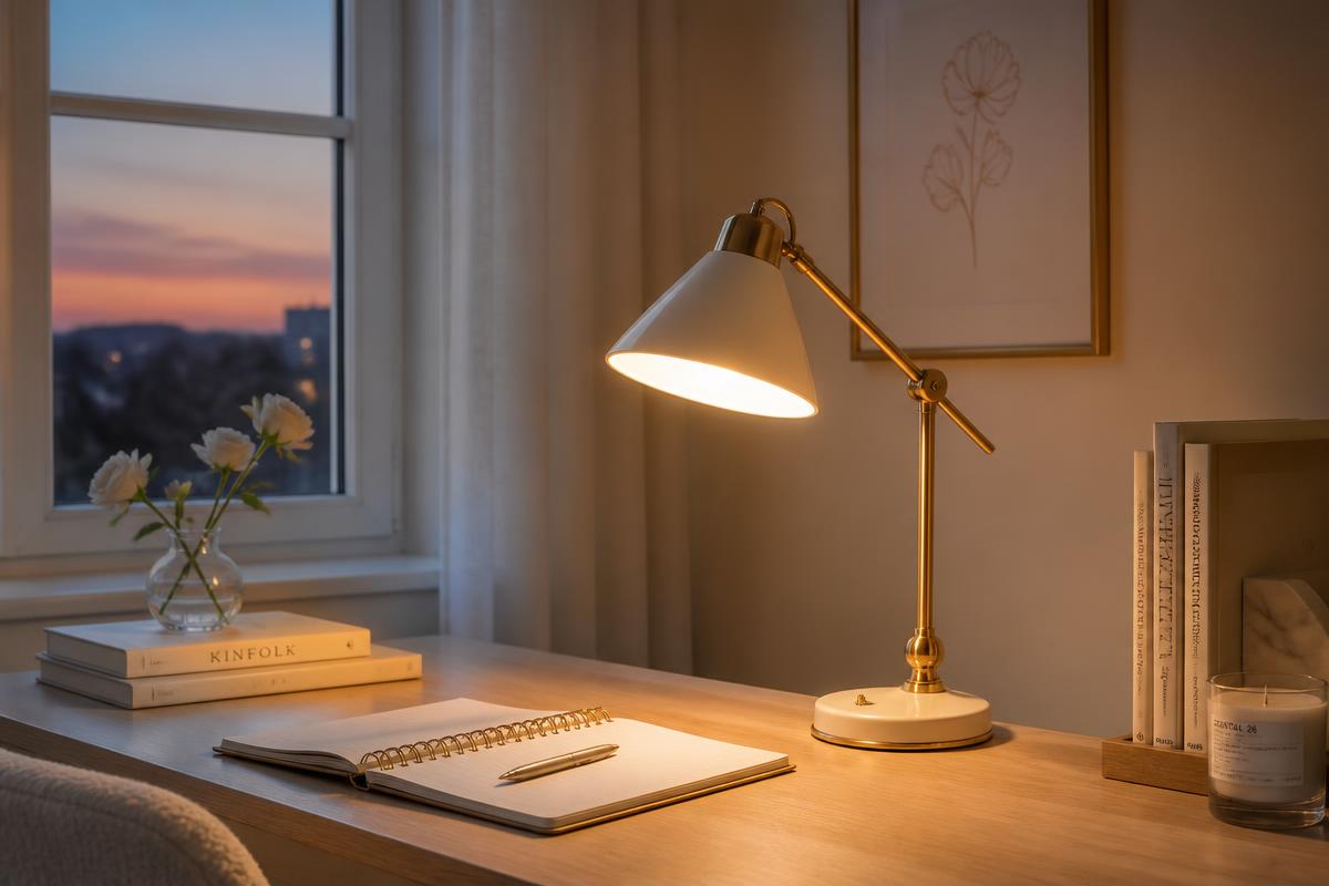 Cream and brass desk lamp glowing over an open notebook at dusk