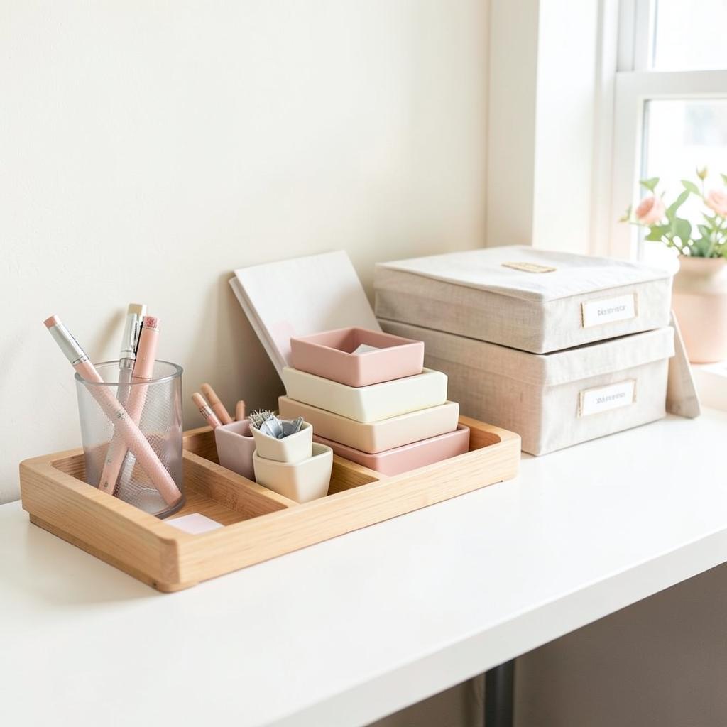Light wood desk organizer tray with blush storage boxes and labeled linen boxes on a white desk