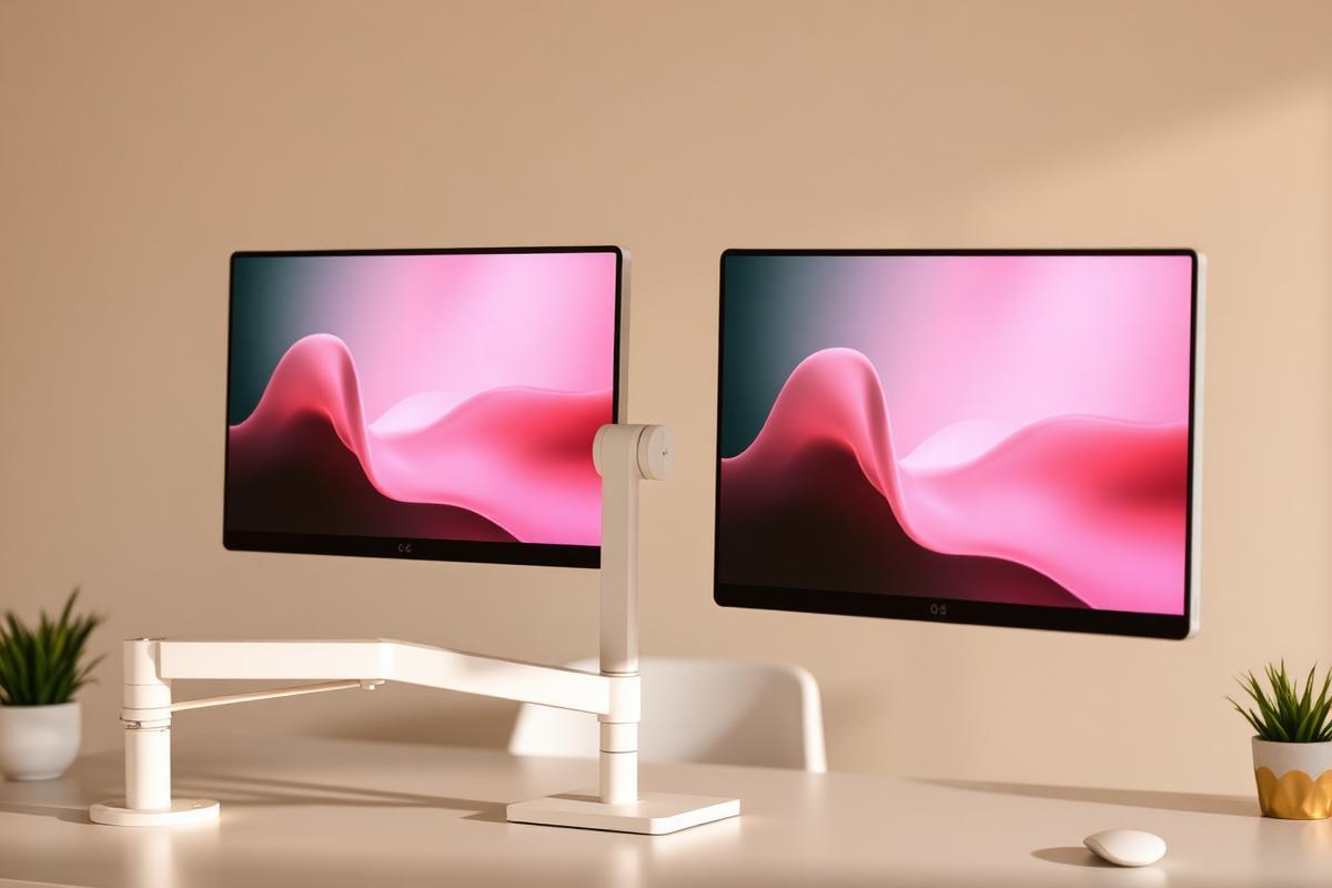 Two monitors aligned at equal height on a white dual monitor arm