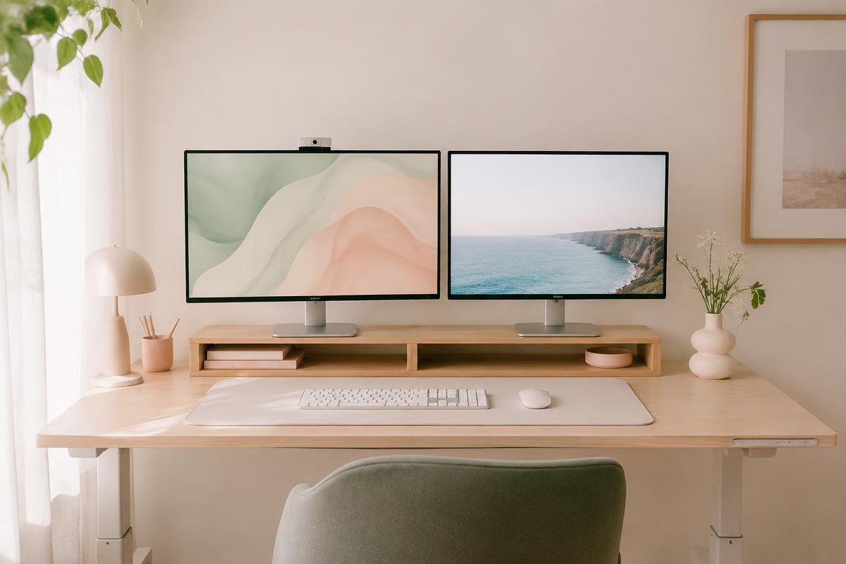 Two slim monitors on a light wood riser above a tidy desk with hidden cables