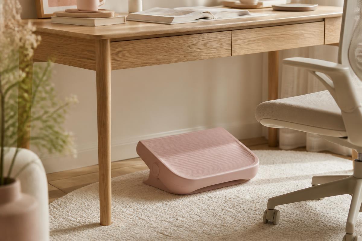 Blush pink ergonomic footrest under a light oak desk on a cream rug