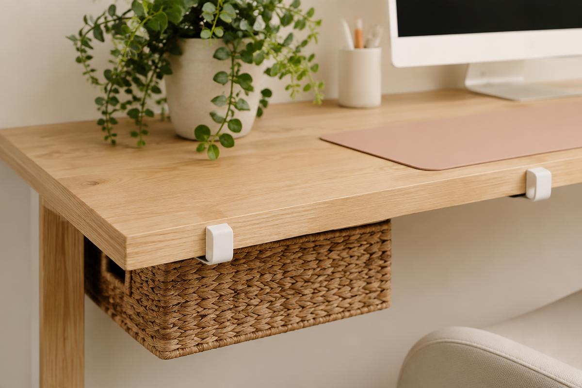 Tidy oak desk with a woven cable box tucked underneath and clips along the edge
