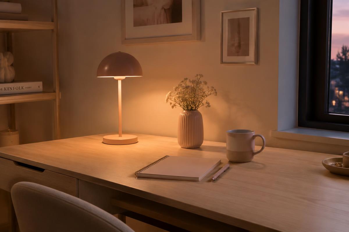 Warm desk lamp glowing over a notebook on a light oak desk at dusk