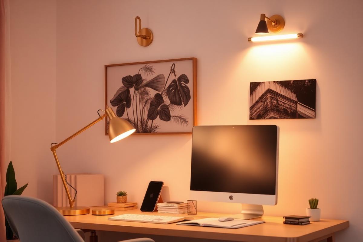 Home office with layered warm lighting from a lamp, sconce, and light bar