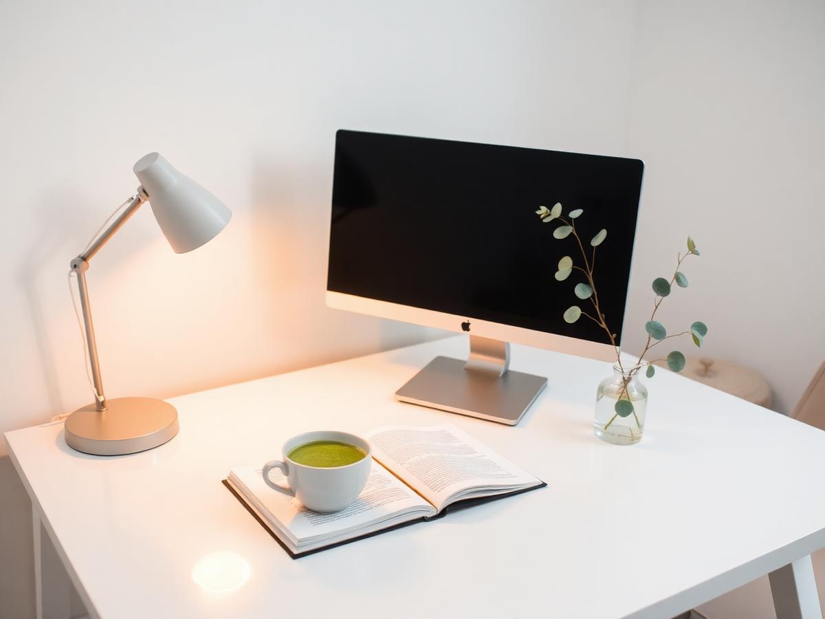Minimal white desk with a warm task lamp, monitor, matcha, and eucalyptus