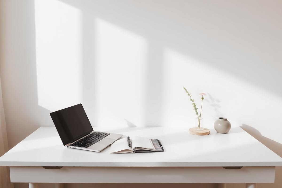 Minimal neutral desk with laptop, notebook, and a small vase