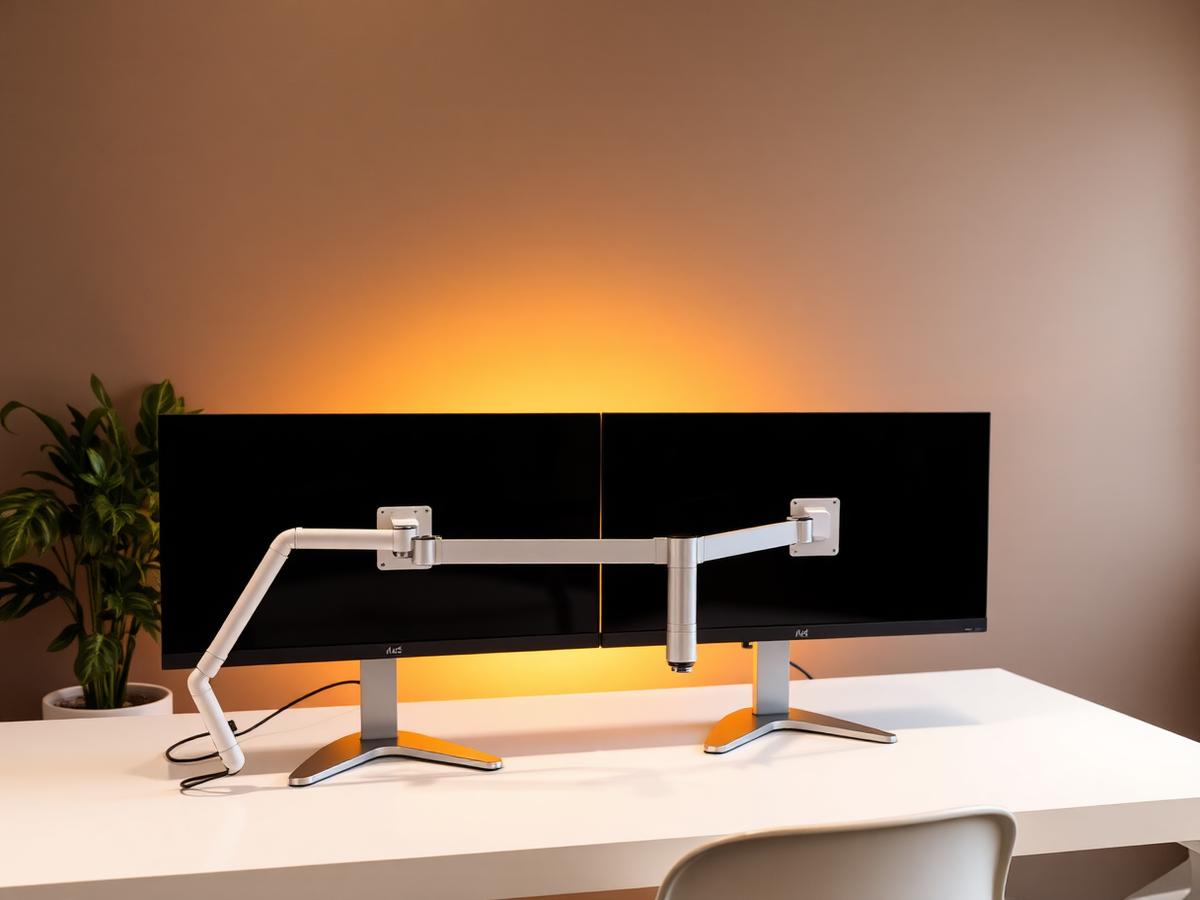 Dual monitors on a white monitor arm with warm ambient backlighting