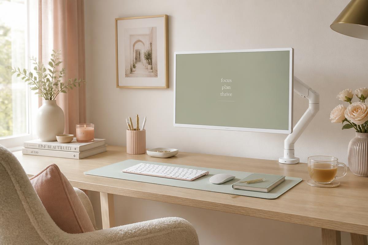 White monitor on a slim white monitor arm above a light oak desk