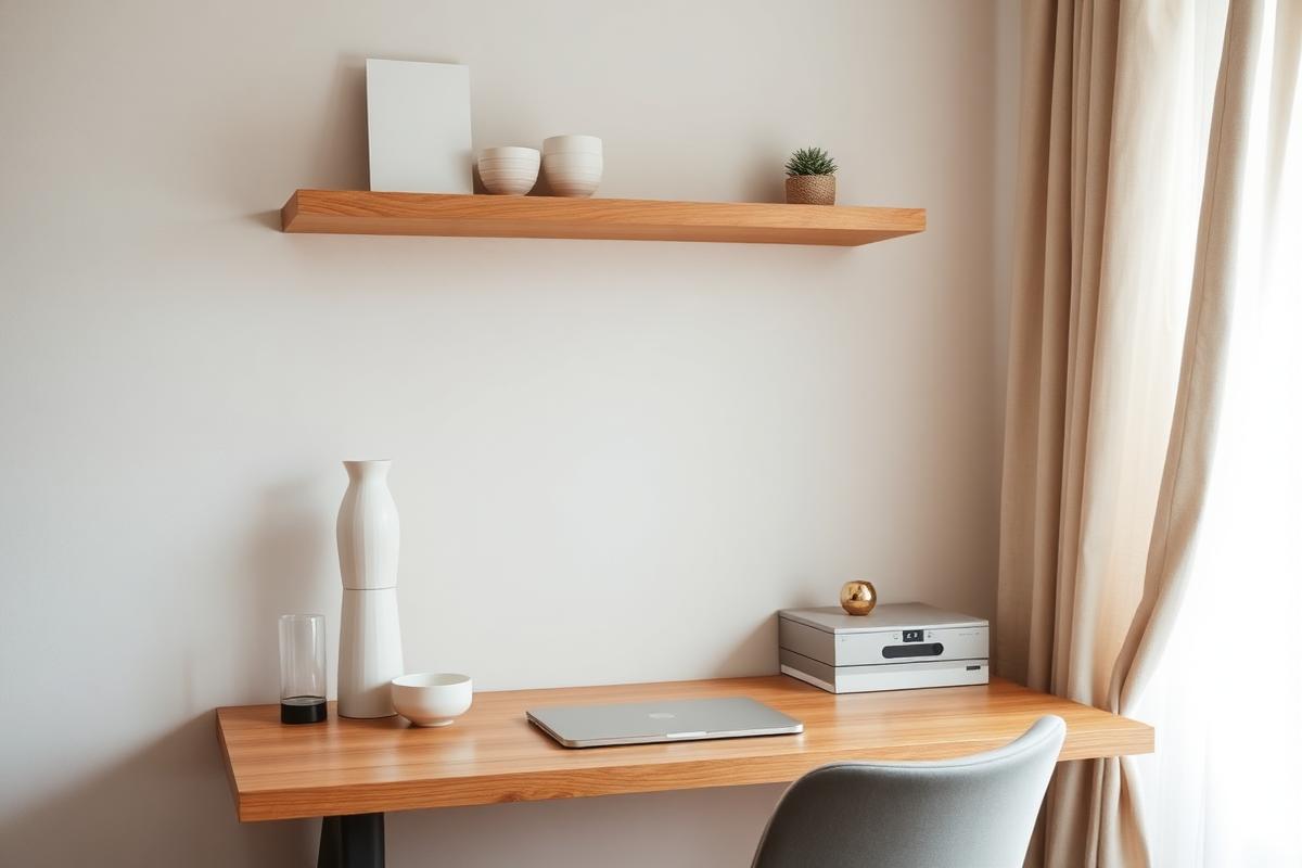 Warm neutral desk setup with oak shelf, bone ceramics, and linen