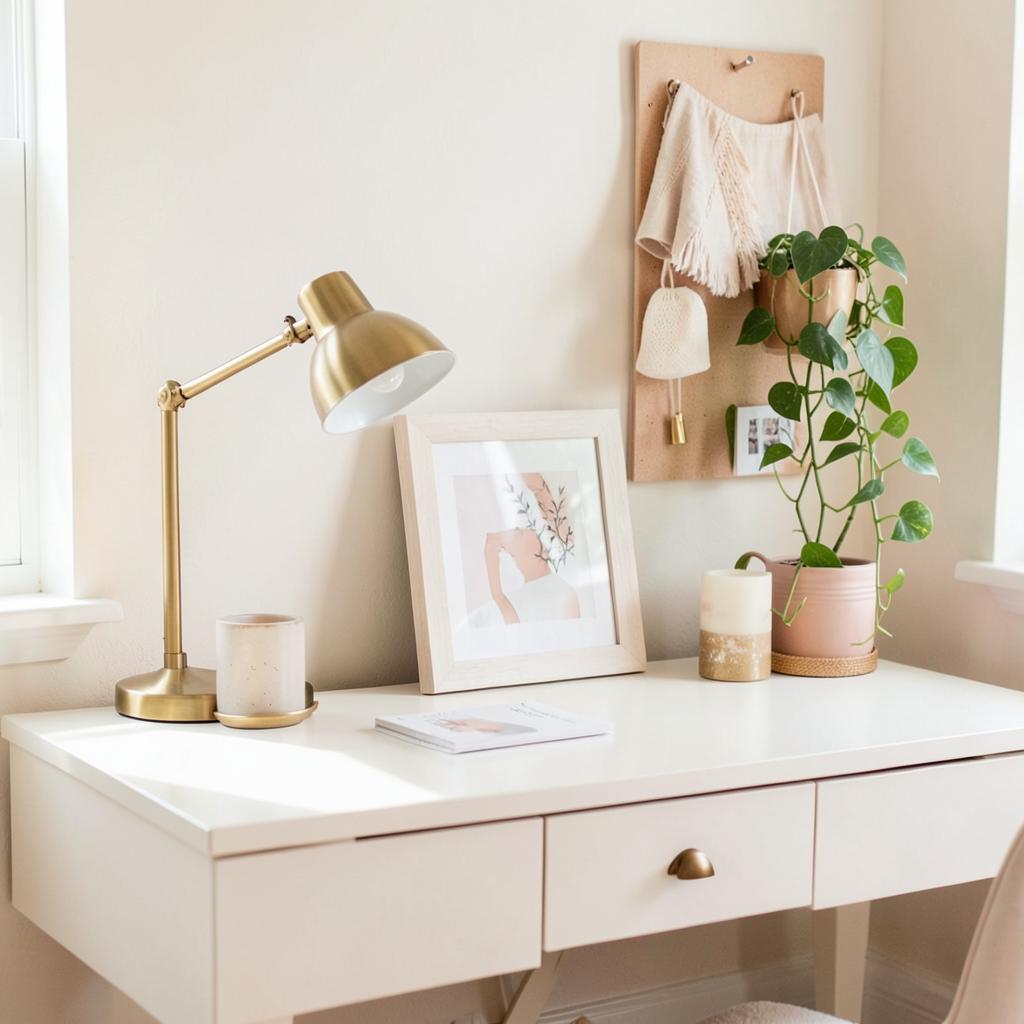 Chic home office with brass desk lamp, framed art print, candle, and trailing pothos plant