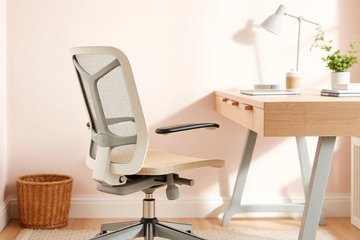 Cream mesh ergonomic office chair beside a light wood desk