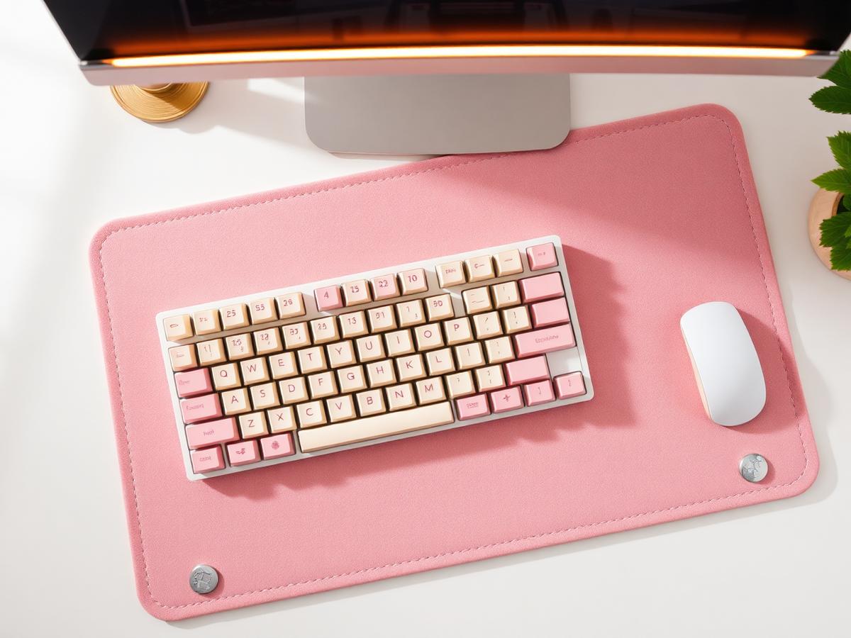 Blush pink felt desk mat with cream and pink mechanical keyboard