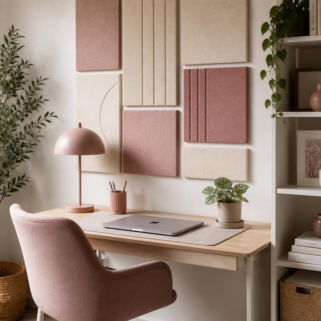 Cozy shared workspace with blush and cream acoustic panels above a light wood desk
