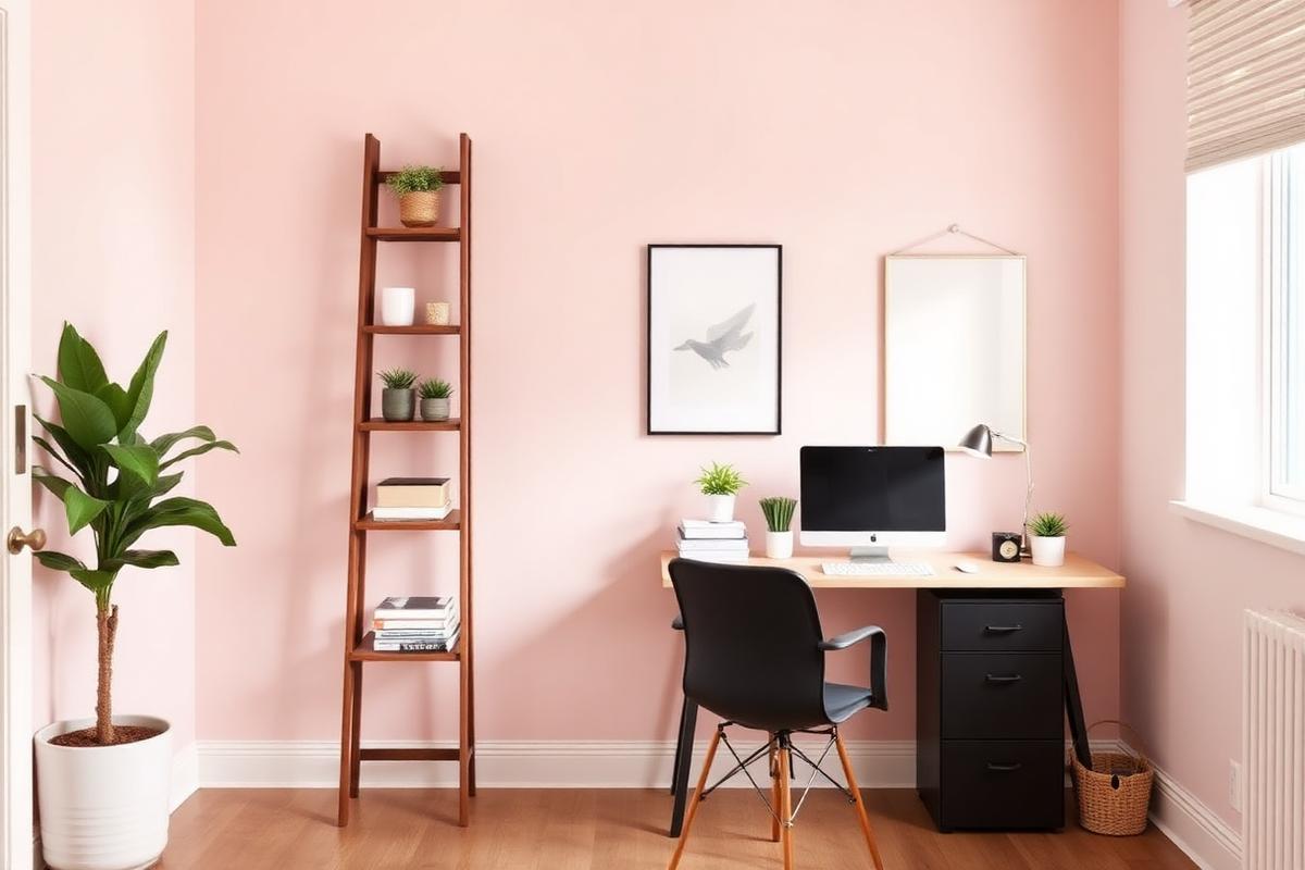 Rental home office with freestanding shelving and removable wall art