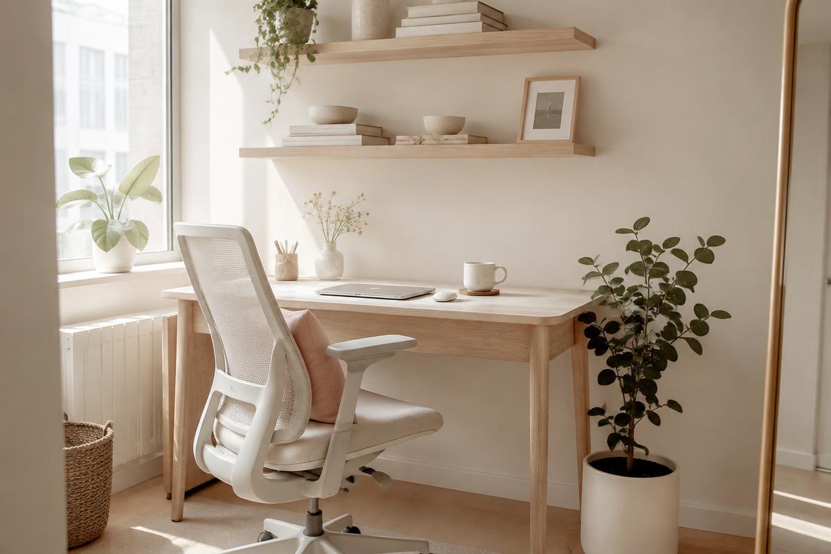 Cream ergonomic mesh chair at a slim oak desk in a small apartment corner