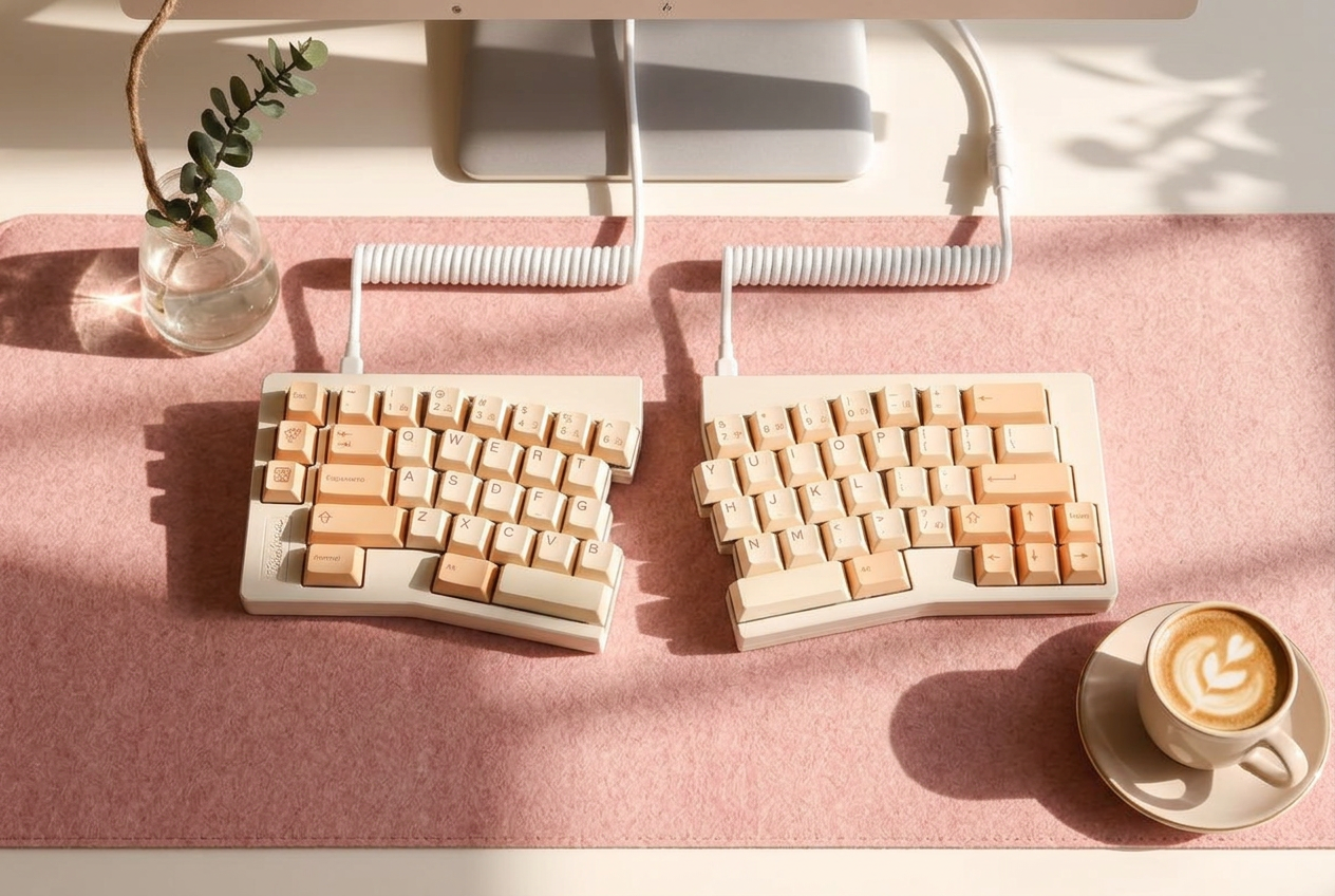 Cream split mechanical keyboard on a pink felt desk mat