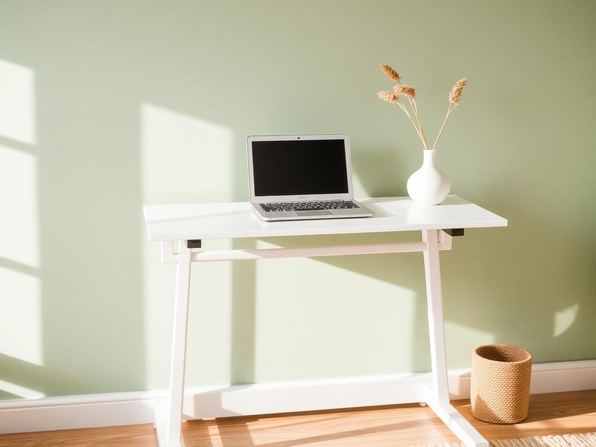 White standing desk against a sage green wall with a laptop and dried flowers