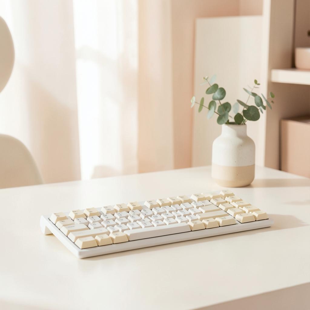 Slim white wireless keyboard on a warm white desk beside a ceramic vase with eucalyptus