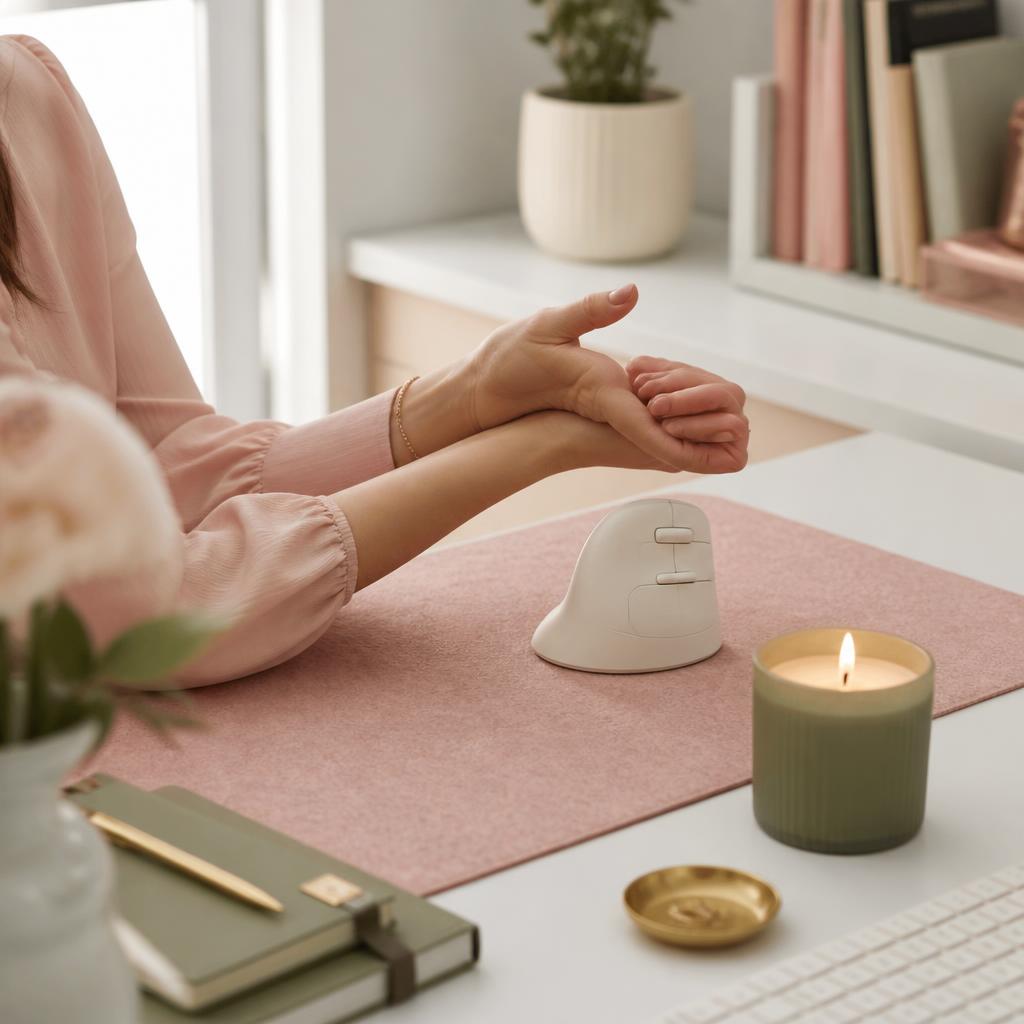 Woman stretching her wrist beside a cream vertical mouse on a blush desk mat