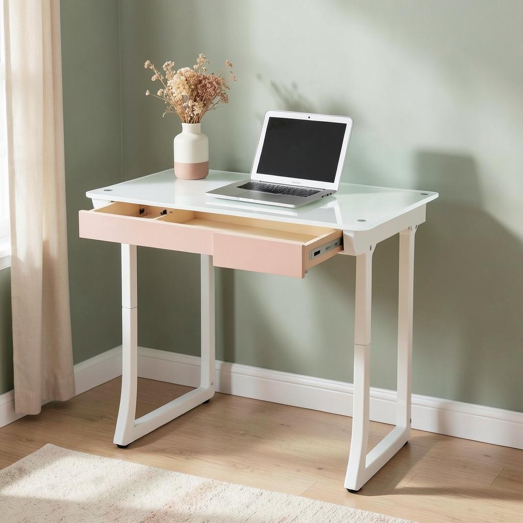 Glass Standing Desk with Drawers, 35 X 20 Inch Electric Adjustable Height Desk by HUANUO